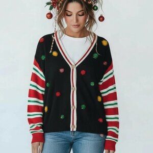 Share derek heart Christmas Pom Pom Cardigan Candy Cane Sleeve Festive Holiday
